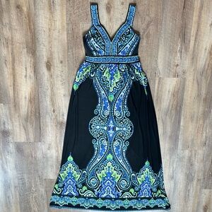 INC International Concepts Black Maxi Dress with Blue and Green Patterns